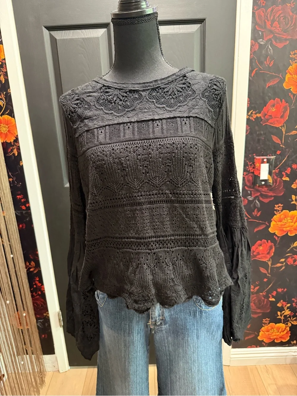 Free People Once Upon A Time Lace Bell Sleeves Top In Black